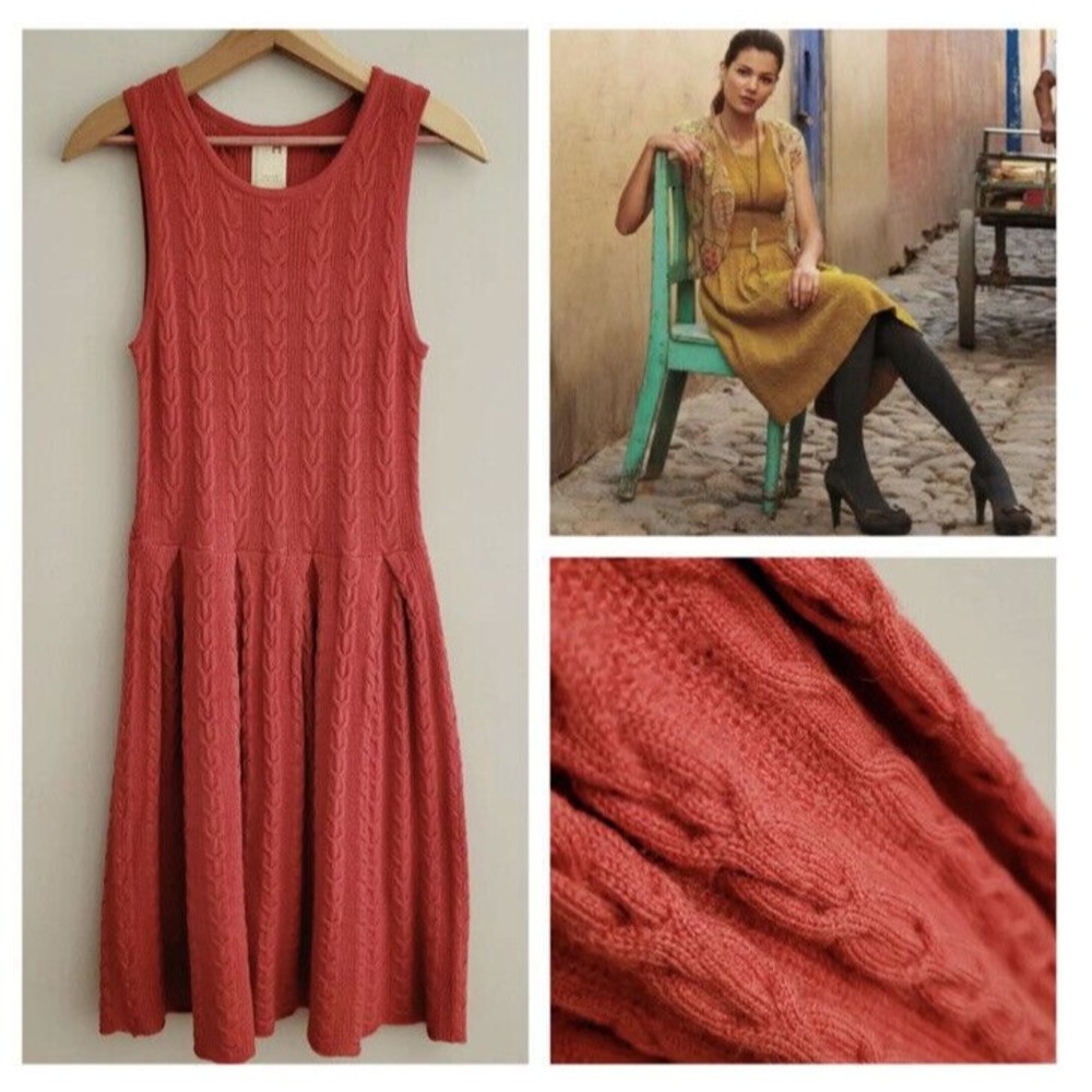 Anthropologie Far Away From Close Orange Cable Knit Wool Sweater Dress Size XS